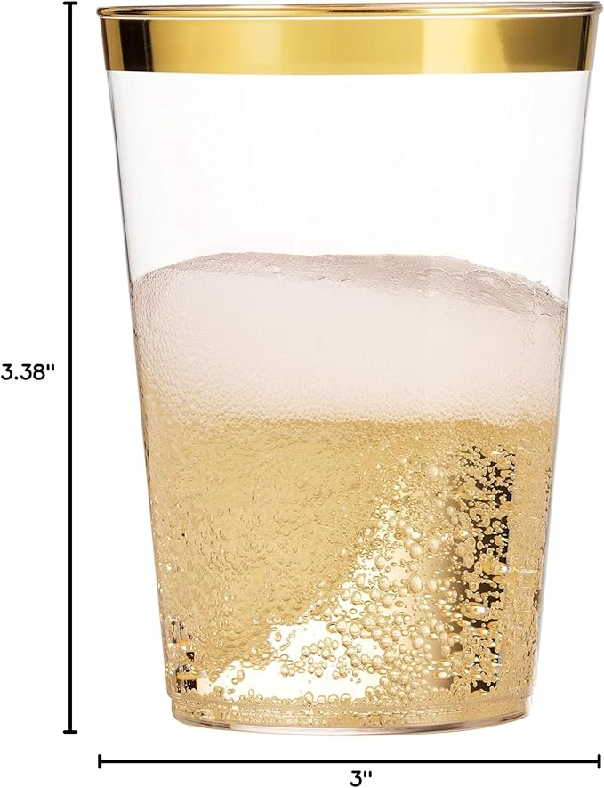 Munfix 100 Gold Plastic Cups 14 Oz Clear Tumblers Gold Rimmed Fancy Disposable Wedding Elegant Party Cups with Gold Rim
