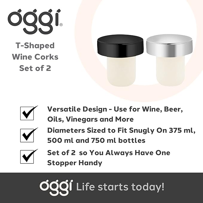 OGGI T-shaped Wine Corks, 2 pcs Wine Bottle Stopper Set, Cork Wine Stoppers for Wine Bottles, Reusable & Low Profile for Wine Beer Bottles DIY Craft (Black, Silver) (Pack of 2)