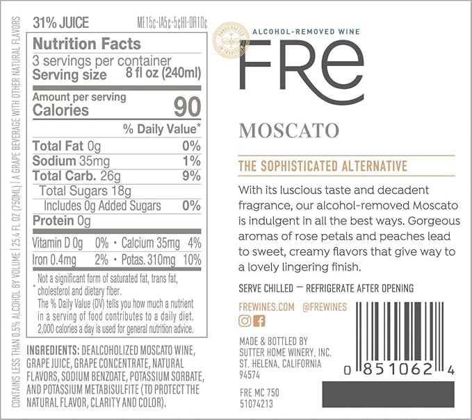 Sutter Home Fre Moscato Non-Alcoholic Wine Experience Bundle with Phone Grip, Seasonal Wine Pairings & Recipes, 750ML btls, 2-Pack