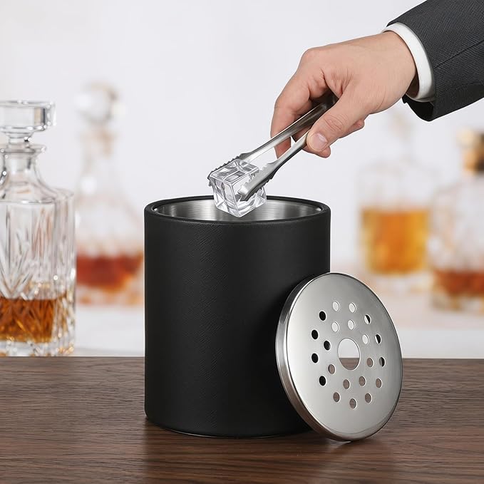 NUOBESTY Stainless Steel Ice Bucket with Lid and Tongs, Black Wine Chiller and Bubbly Cooler Beverage Serving Bucket for Bar Party, Cocktail Station, Home Entertaining (7.28 x 5.51 in)