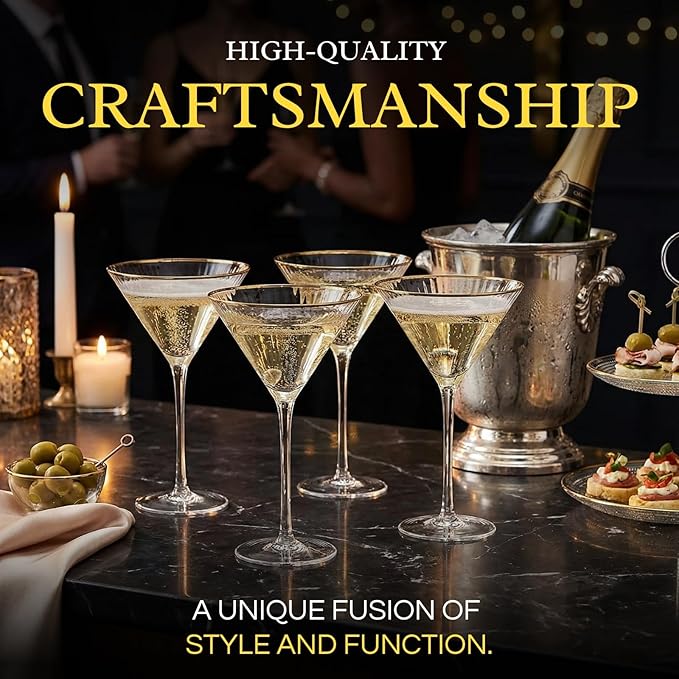 Gold Rim Martini Glasses - Set of 4-10 oz, 24K Gilded Classic Vintage Glasses For Martinis, Cocktails, Champagne, Water & Wine - Hand Blown Classic Coupes Gilded Rimed, Crystal Coupe with Long Stems