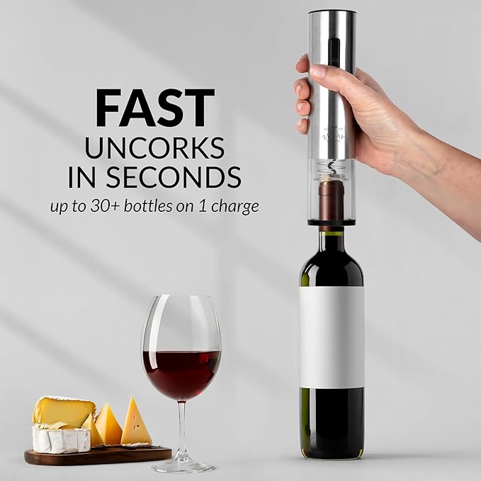 Zulay Kitchen Rechargeable Electric Wine Opener Set with Storage Base - Automatic Corkscrew Wine Bottle Opener, Pourer, Foil Cutter & Vacuum Stopper - Stainless Steel Wine Gift Set, Silver
