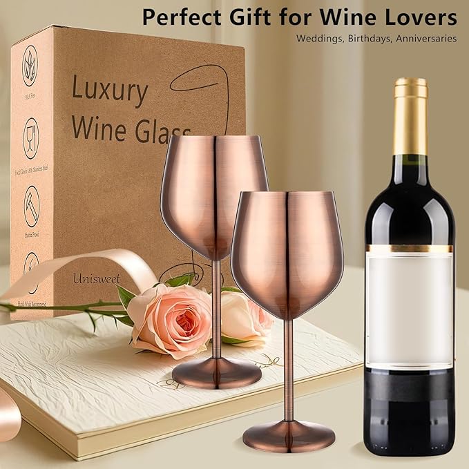 Stainless Steel Wine Glasses Set of 4 Unbreakable Wine Glass 18 oz Unique Metal Wine Goblets for Outdoor, Travel, Camping, Pool, Ideal Gift for Wine Lovers (Red Copper)