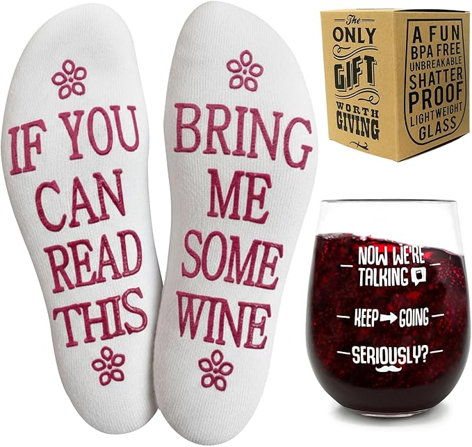 FUNNY WINE GLASSES + WINE SOCKS -16 oz Unbreakable Stemless Wine Glass With Sayings & Fuzzy Girl Socks “If You Can Read This, Bring Me Some Wine"