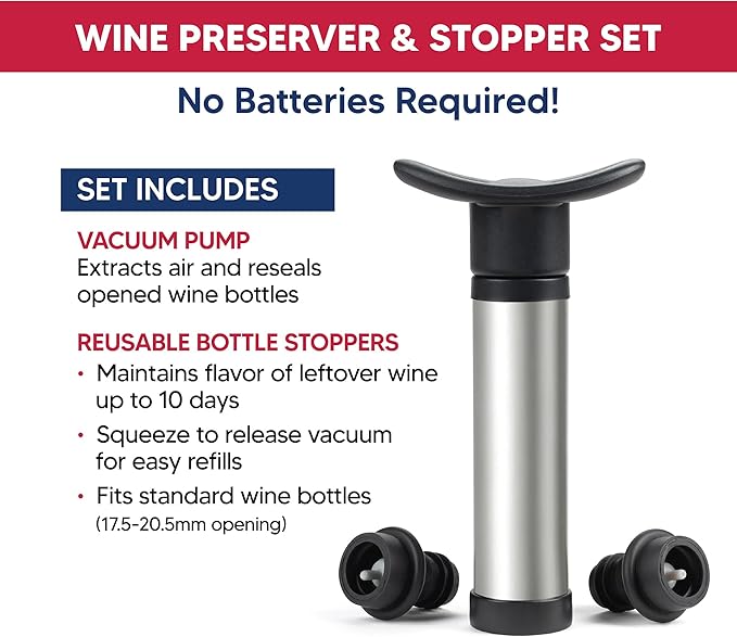 HIC Kitchen Bar Wine Saver Vacuum Sealer Pump And Stopper Set, 3-Piece Wine Preservation System, Vacuum Seals Opened Bottles To Maintain Flavor And Freshness