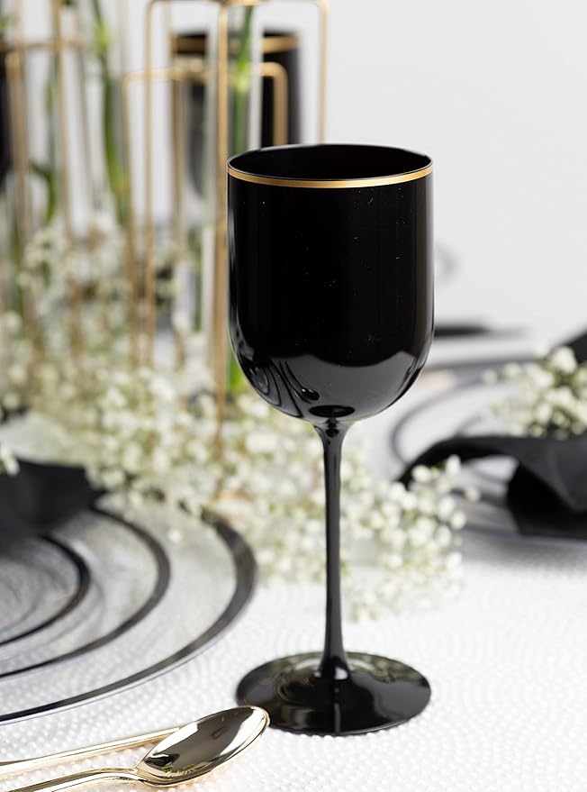 PLASTICPRO Black Wine Cup with Gold rim Plastic Wine Glasses Set of 10 Elegant Wine Goblets Hard Plastic Wine Cups on Stem 12 Ounce