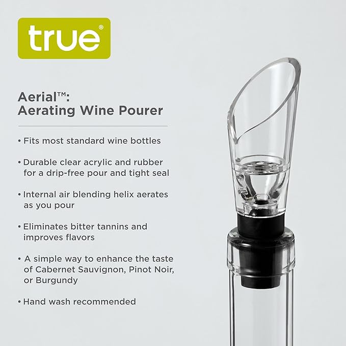 True Aerial Wine Aerator Pourer Spout for Standard Red Wine Bottles, Durable Clear Acrylic and Rubber, Drip Free Pour and Tight Seal, Gifts for Women, Kitchen & Home Bar Accessories, Set of 1