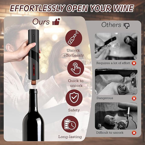 6-in-1 Electric Wine Bottle Opener Set, Cordless Rechargeable Wine Opener with Charging Base, Foil Cutter, Aerator Pourer & Stopper - Perfect Wine Gift Set for Wine Lovers