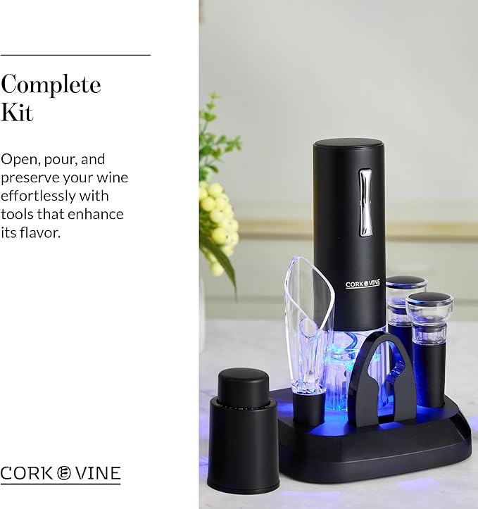 Cork & Vine Rechargeable 7-Piece Electric Wine Opener Set – Automatic Corkscrew with Charging Base, Wine Aerator Pourer, Foil Cutter & Vacuum Wine Stoppers – Wine Accessories Gift Set
