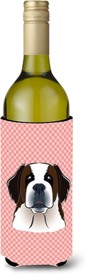 Caroline's Treasures BB1246LITERK Checkerboard Pink Saint Bernard Wine Bottle Hugger Bottle Cooler Sleeve Hugger Machine Washable Collapsible Insulator Beverage Insulated Holder