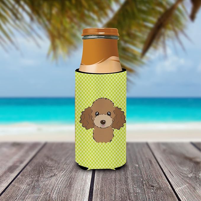 Checkerboard Lime Green Chocolate Poodle Ultra Beverage Insulators for slim cans