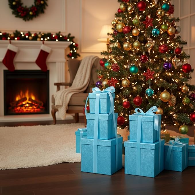 Cholemy 5 Pcs Square Nesting Boxes Decorative Gift Boxes with Lid and Ribbon Assorted Sizes Wrap for Wedding, Carnival, Anniversary, Birthday, Bridal Shower Party Gifts(Light Blue)