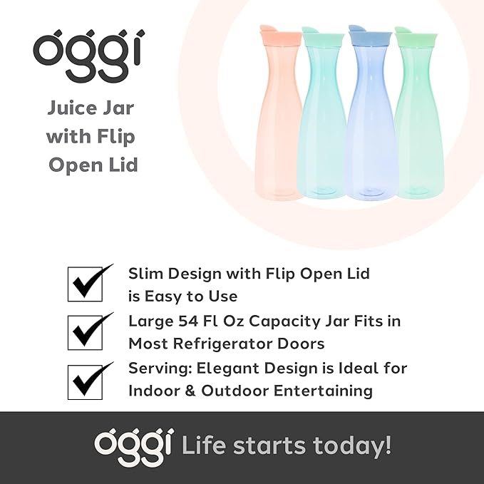 OGGI Clear Carafe w/Flip Open Lid - Ideal Juice Bottle, Clear Pitcher with Lid, Tea Pitcher, Water Carafe, 1.6 Lt(54Oz), Blush Tint