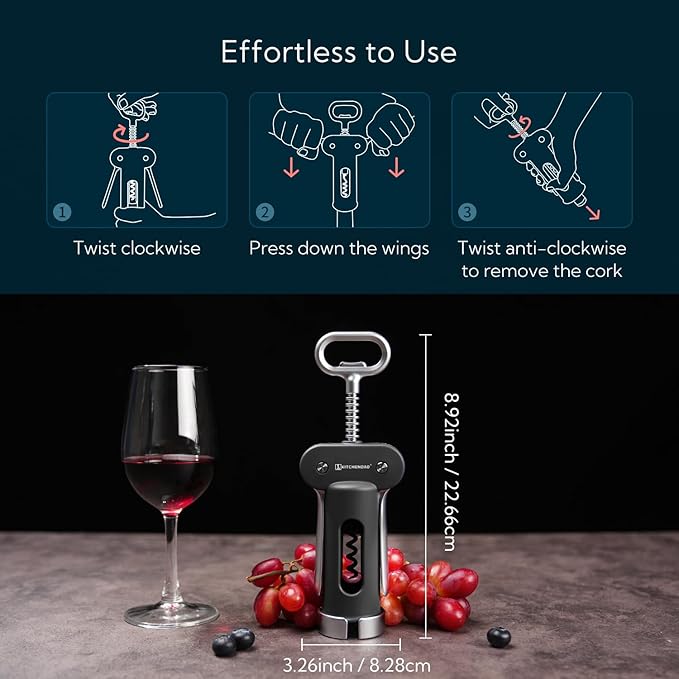 KITCHENDAO Luxury 3 in 1 Wine Opener with Foil Cutter, Beer Bottle Opener, Sturdy Zinc Alloy Wing Corkscrew with Self-centering Non-stick Sharp Screw, Easy to Remove Cork, Manual Corkscrew (Black)