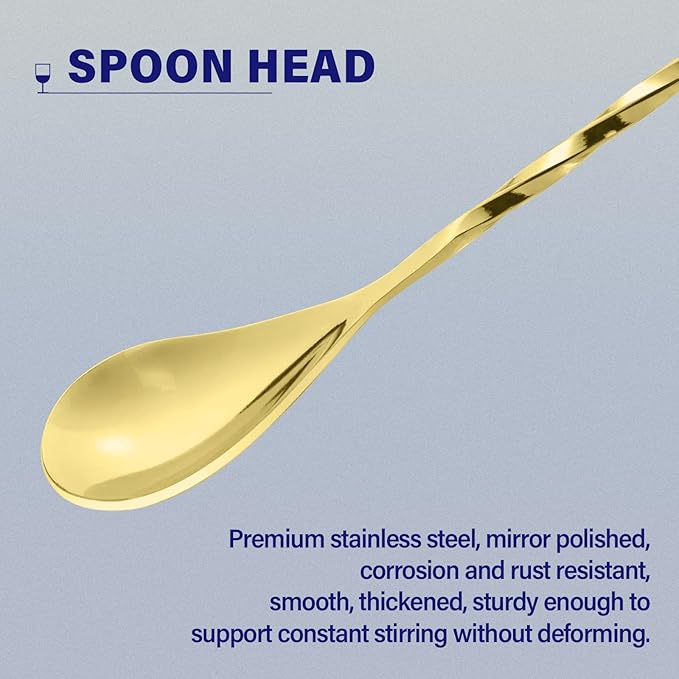 BRIOUT 2 Pcs Bar Spoon, 12 Inches Long Handle Drink Stirrer, Stainless Steel Bar Cocktail Mixing Spoons with Round Base for Stirring, Gold