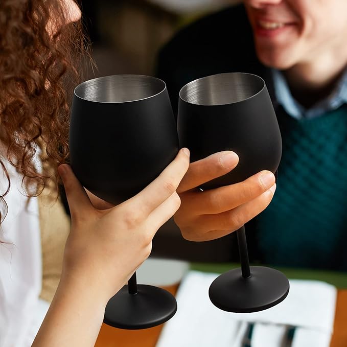 Lifecapido Stainless Steel Wine Glasses Set of 6, 18oz Stainless Steel Metal Wine Glasses, Black Wine Glasses with Cup Brush for Party Office Wedding Anniversary, Great for Red White Wine (Black)