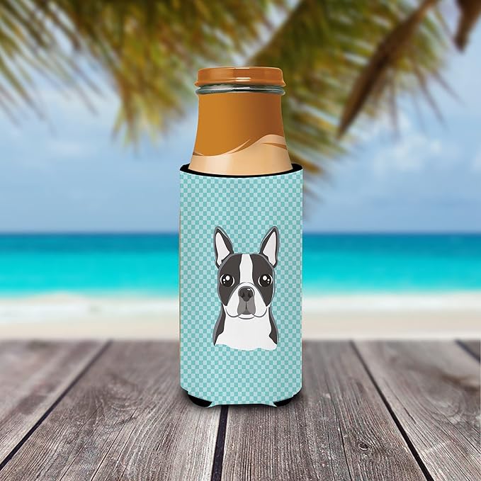 Checkerboard Blue Boston Terrier Ultra Beverage Insulators for slim cans BB1141MUK