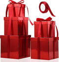 Cholemy 5 Pcs Square Nesting Boxes Decorative Gift Boxes with Lid and Ribbon Assorted Sizes Wrap for Wedding, Carnival, Anniversary, Birthday, Bridal Shower Party Gifts(Shiny Red)