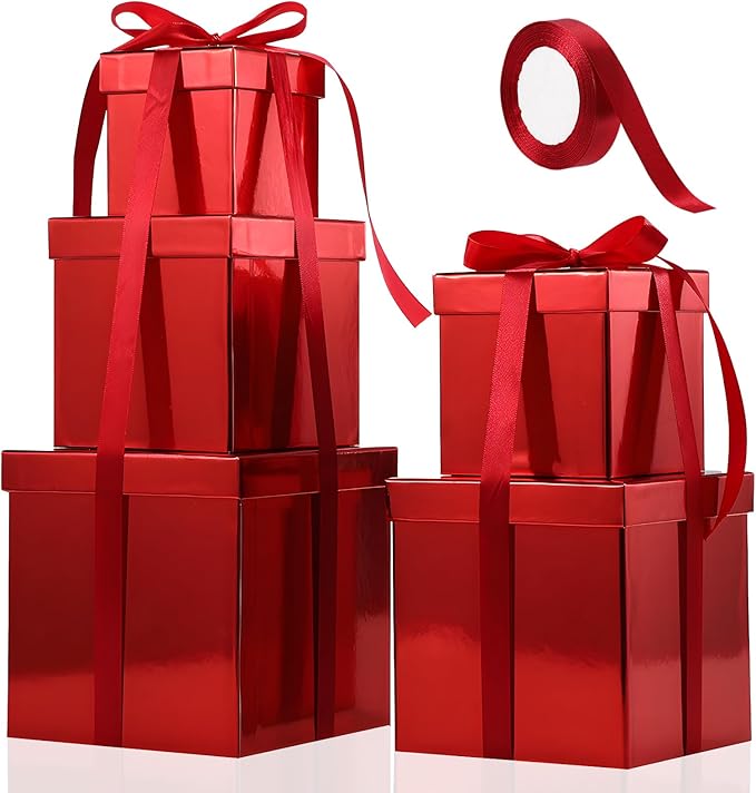 Cholemy 5 Pcs Square Nesting Boxes Decorative Gift Boxes with Lid and Ribbon Assorted Sizes Wrap for Wedding, Carnival, Anniversary, Birthday, Bridal Shower Party Gifts(Shiny Red)