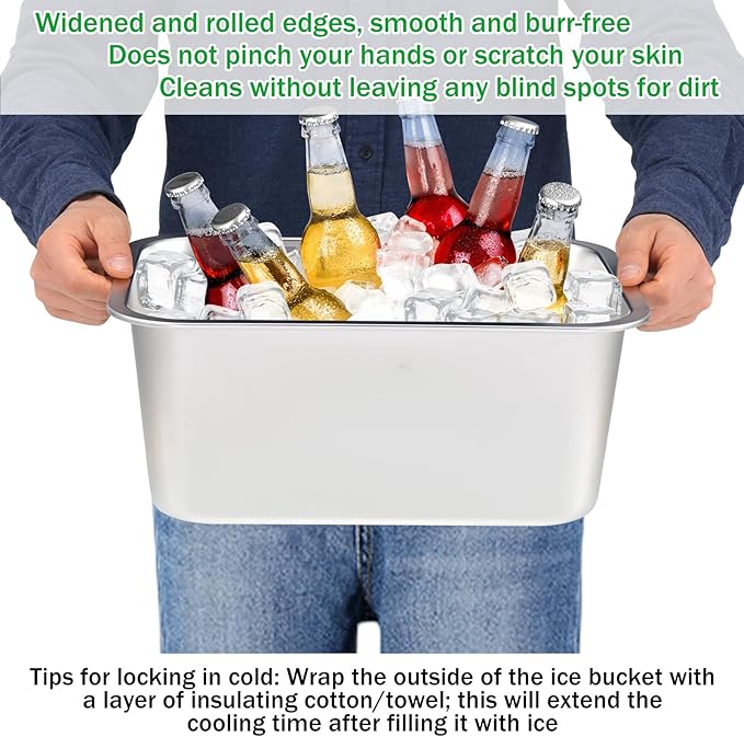 Large Strainless Steel Beverage Tub, Ice Buckets for Parties, Beer Ice Bucket Drink Cooler, Metal Wine Beer Champagne Bucket Drink Chiller, Rectangular Ice Storage Tub Ice Cube Bin for Freezer (2 Pcs)