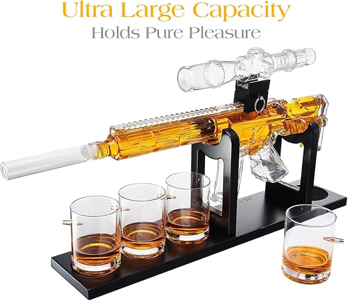 AR15 Whiskey Decanter Set – Limited Edition with Silencer Stopper 640ml Rifle Decanter & 4 Bullet Glasses (310ml) Handmade Gun Liquor Set, TikTok Bar Trend Unique Father’s Day Gift for Dad, Him, Men