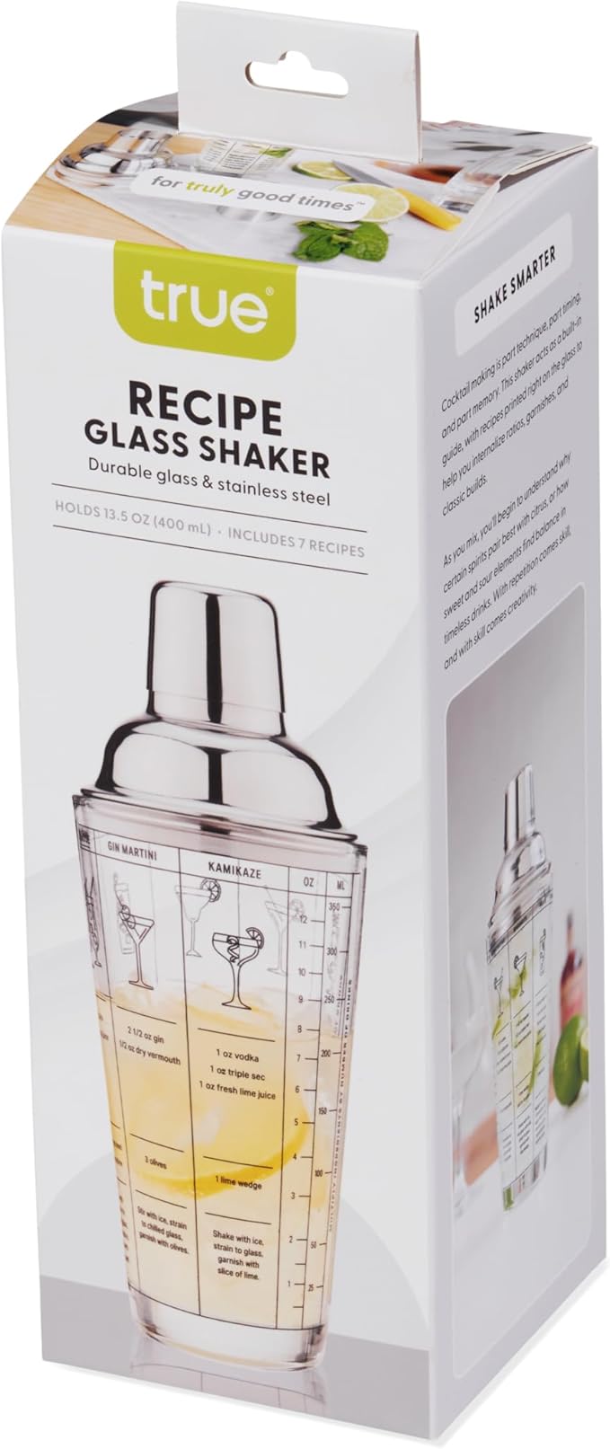 True Glass Cocktail Shaker with 7 Classic Recipes and Measurements for Cold Brew Cocktails, Home Bar Accessories, Bar Tools, Bartender Gifts, Hosting Essentials, 13.5 oz, Set of 1, Clear