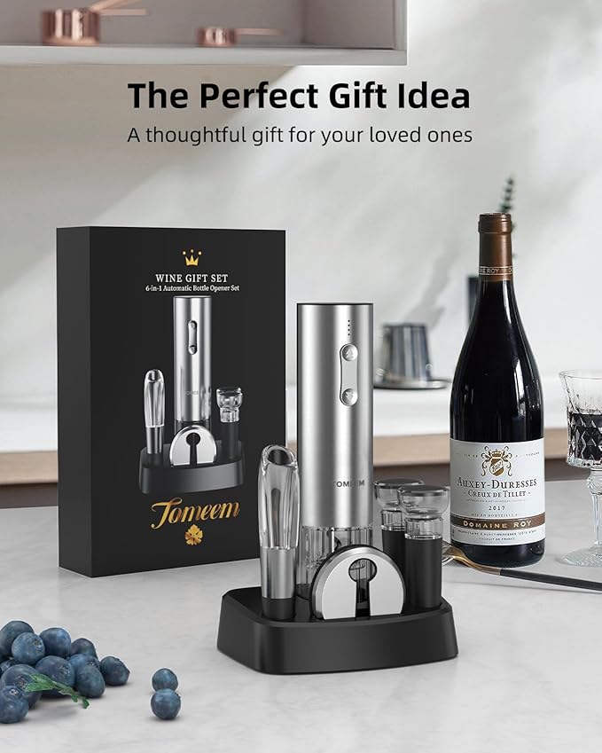 Rechargeable Electric Wine Gift Set - Aerator, Vacuum Stoppers, Foil Cutter and Bottle Opener for Home Bar and Outdoor Parties (Silver, Wine Opener Set)
