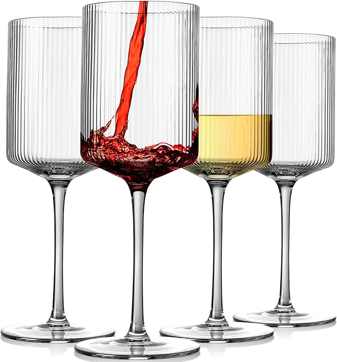 Ribbed Square Wine Glasses Set of 4 – 15oz Hand Blown Ribbed Design Wine Glasses, Unique Vintage Style Drinking Glasses, Red or White Glasses With Long Stem - For Mothers Day, Wedding, Birthday