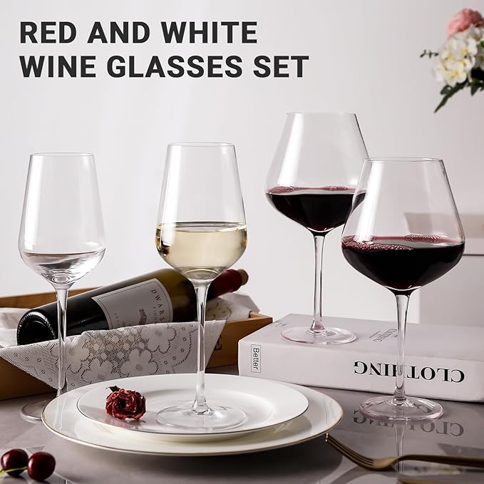 Physkoa Wine Glass Set of 4 – 2 Red (22oz) & 2 White (14oz) Hand-Blown Crystal Glasses, Perfect Gifts for Birthday, Wedding & Housewarming Mother's Day