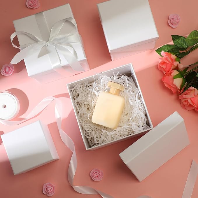 Cholemy 5 Pcs Square Nesting Boxes Decorative Gift Boxes with Lid and Ribbon Assorted Sizes Wrap for Wedding, Carnival, Anniversary, Birthday, Bridal Shower Party Gifts(White)