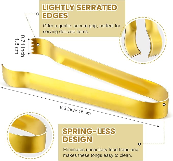 Gejoy 12 Pieces Small Serving Tongs 6.3" Mini Gold Ice Stainless Steel Appetizers Tongs for Tea Party Coffee Bar Kitchen