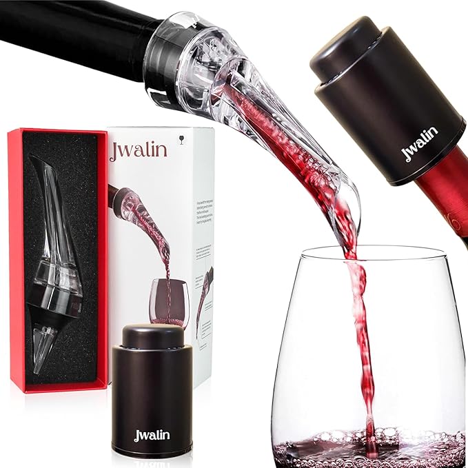 Wine Aerator Pourer & Vacuum Pump Stopper Gift Set – Enhance Flavor, Preserve Freshness, No-Drip Pour, Perfect Wine Accessories Gift for Wine Lovers