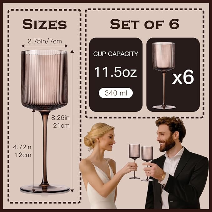 Smokey Gray Square Wine Glasses Set of 6, Elegant Ribbed Design Colored Crystal Glassware with Long Stem, 11.5oz Hand Blown Stemware For Red & White Wine Home Bar Party