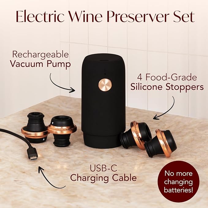 Electric Wine Preserver - Rechargeable Vacuum Saver With Airtight Seal - Automatic Air Remover Pump for 10 Days of Flavor & Freshness - Preservation System (Black & Rose Gold)
