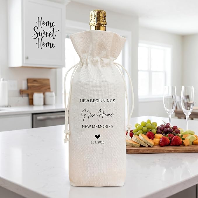 Housewarming Gift Wine Bag, New Home New Beginnings Linen Drawstring Wine Bottle Bag, Reusable Wine Pouch for New Homeowner Closing Gift, 13 x 5.7 Inch - A08