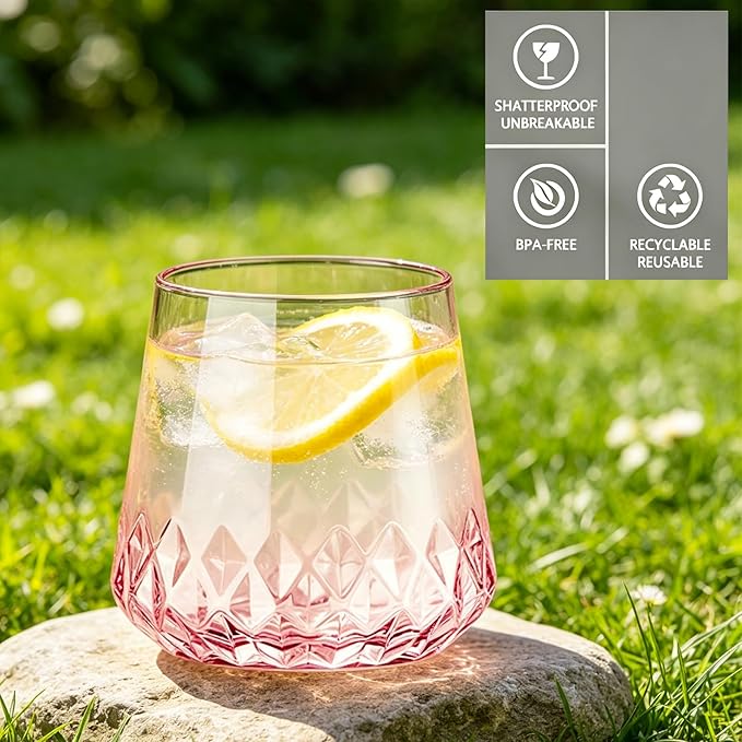 Lueumxc 40 Pack Pink Plastic Wine Glasses, 14Oz Rhombus Disposable Wine Glasses Unbreakable Clear Plastic Cocktail Glasses Recyclable Shatterproof Reusable Wine Cups