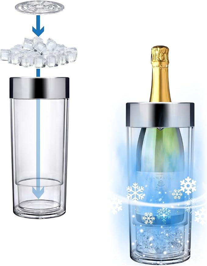 Amazing Abby - VinoChill - Acrylic Double-Wall Wine Chiller with Ice Chamber, Clear Plastic Insulated Champagne Bucket with Enhanced Cooling Bottom, Great for Party, Dinner, and Outdoor Entertaining