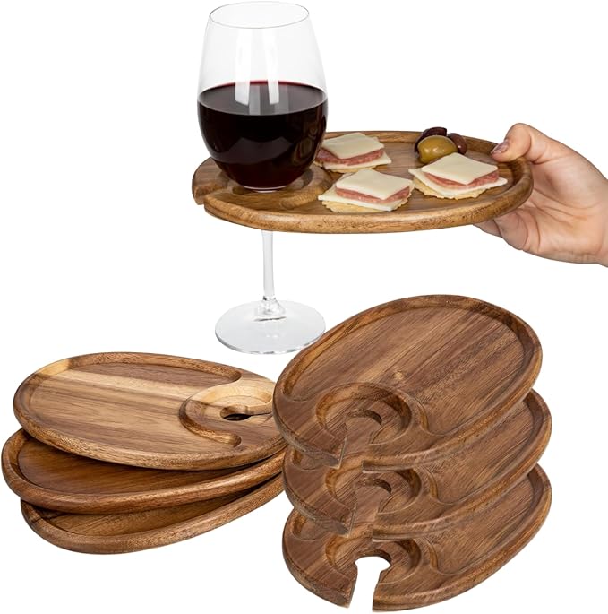 6-Piece Acacia Wood Wine Appetizer Plate Set with Wine Glass Slot 9 x 6 x 0.5 Inch Individual Charcuterie Boards Mini Cheese Board and Snack Tray for Parties Gifts