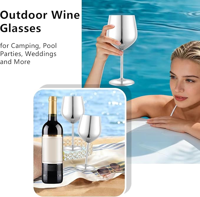 Stainless Steel Wine Glasses Set of 4 Unbreakable Wine Glass 18 oz Unique Metal Wine Goblets for Outdoor, Travel, Camping, Pool, Ideal Gift for Wine Lovers (Mirror-Silver)