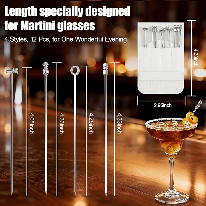 12PCS Metal Cocktail Picks for Drinks, Reusable Stainless Steel Martini Picks with Storage Bag, Dishwasher Safe Fancy Toothpicks for Appetizers & Olives, Bloody Mary Bar Supplies, Cocktail Skewers