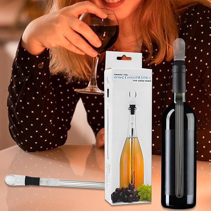 Chiller Bar - Red Chiller Rod, Stainless Steel Iceless Bottle Cooler with Stopper and Pourer | Perfect Wine Chiller Accessory at Home, Bar, Fes