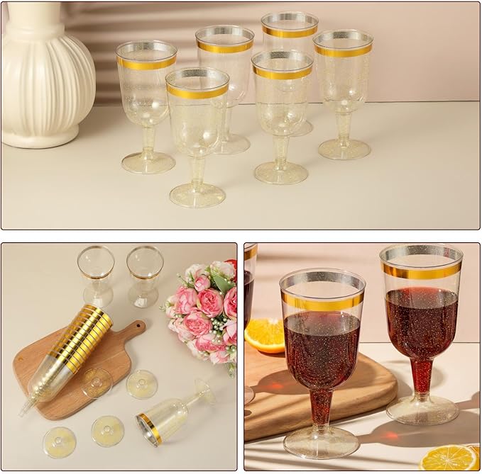 CHENGU 100 Pcs Plastic Wine Glasses 7 oz Gold Rimmed Mini Stemware with Removable Base for Wedding Parties Birthday Anniversary Champagne Toasting(Gold Powder)