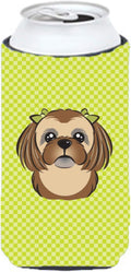 Caroline's Treasures BB1311TBC Checkerboard Lime Green Chocolate Brown Shih Tzu Tall Boy Hugger Can Cooler Sleeve Hugger Machine Washable Drink Sleeve Hugger Collapsible Insulator Beverage Insulated H