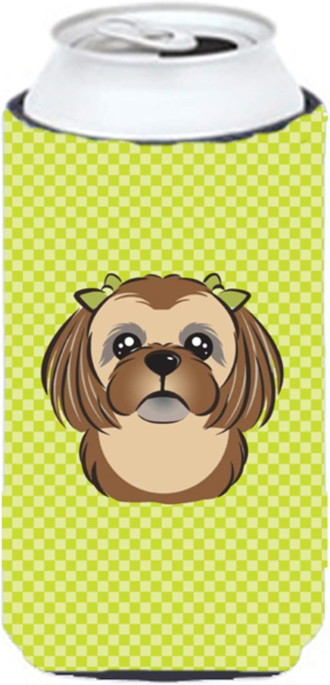 Caroline's Treasures BB1311TBC Checkerboard Lime Green Chocolate Brown Shih Tzu Tall Boy Hugger Can Cooler Sleeve Hugger Machine Washable Drink Sleeve Hugger Collapsible Insulator Beverage Insulated H