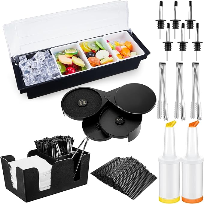 Mifoci Bartending Supplies 4 Compartments Garnish Tray with Lid Bar Caddy 3 Tier Glass Rimmer Stainless Steel Bottle Pourers Juice Pouring Cocktail Tools Plastic Serving Accessories
