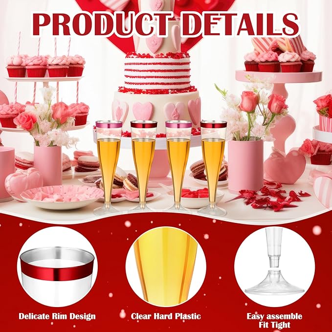 Jingmore 36 Pcs Plastic Champagne Flutes 4.5 oz Clear Disposable Wine Glasses Cocktail Cup Champagne Glass for Wedding Graduation Summer Party Favor Mimosa Bar Supplies (Red,Pink)