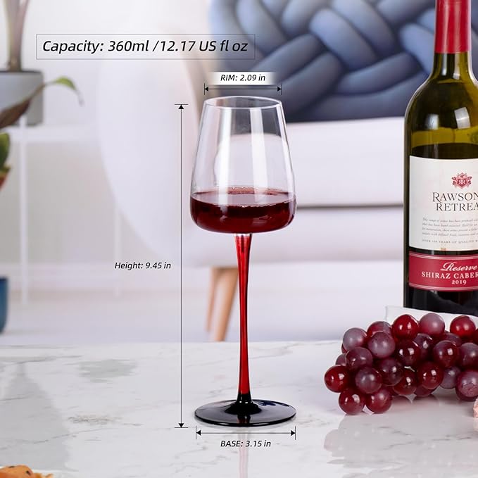 KAMMAK Wine Glasses Set of 2, 12.17 oz Hand Blown Crystal Bordeaux Wine Glasses, Thin Rim & Long Stem, Perfect for Red & White, Daily Use, Wedding or Birthday Gift with Gift Box, XH-H240 Black Base