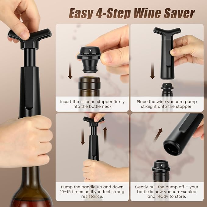 Wine Stopper, Wine Saver Vacuum Pump with 4 Reusable Stoppers, Wine Bottle Preserver & Sealer Keeps Fresh Longer, Ergonomic Handle, ideal Gift