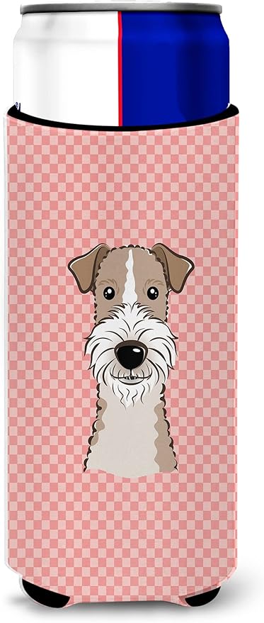 Checkerboard Pink Wire Haired Fox Terrier Ultra Beverage Insulators for slim cans