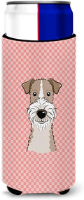 Checkerboard Pink Wire Haired Fox Terrier Ultra Beverage Insulators for slim cans